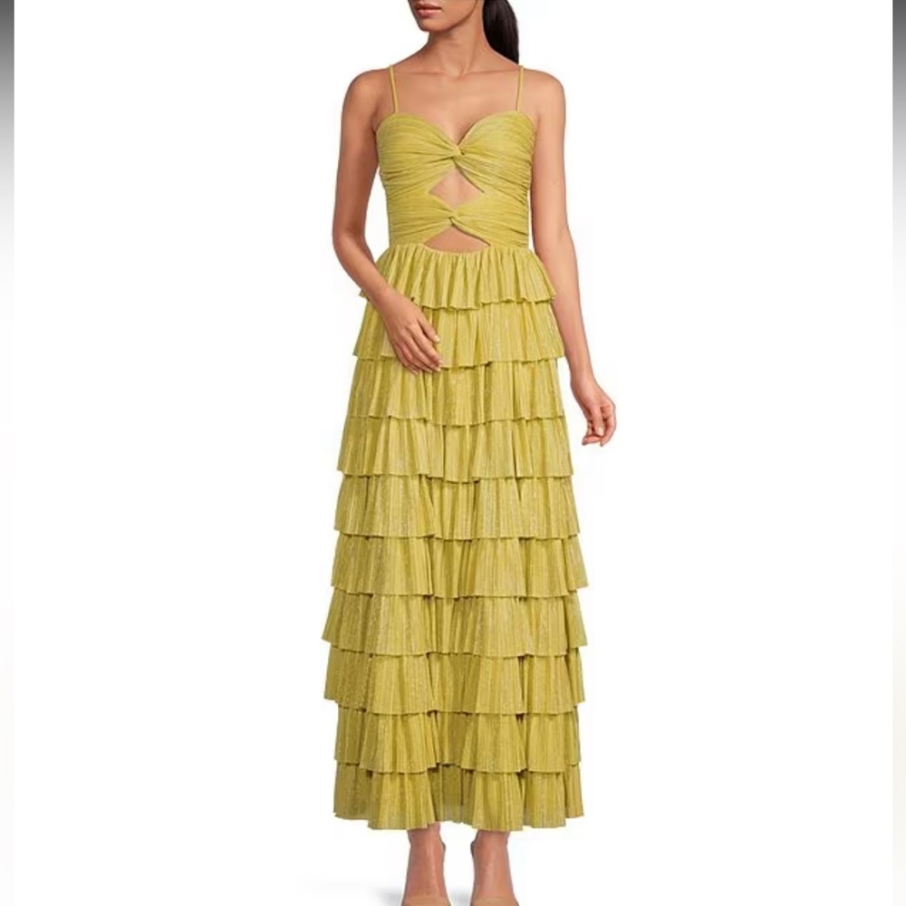 🚨!!!! ISO!!!!🚨Grace Metallic Plisse Sweetheart Neck Cut-Out Tiered Dress
